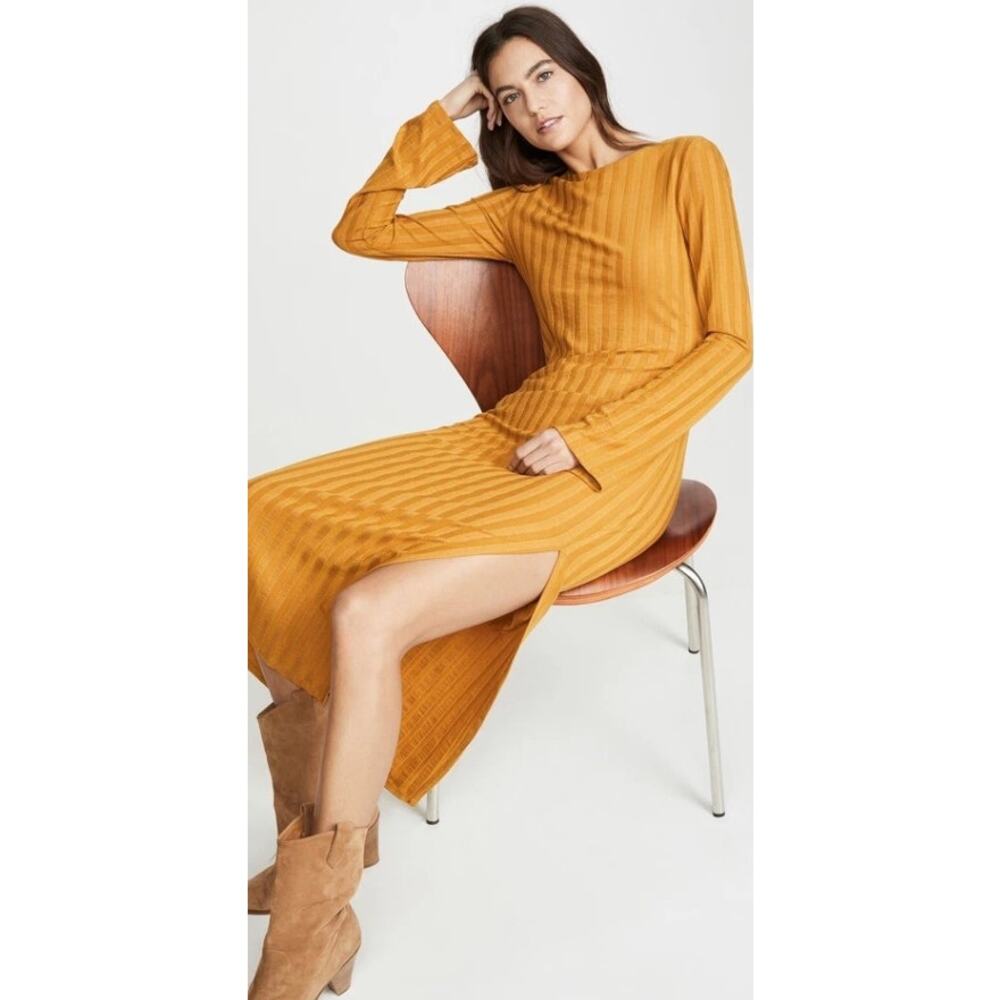 EUC Reformation Dillon Midi Dress Women's Size Large Mustard Yellow Ribbed